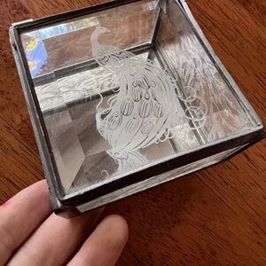 Square Beveled Glass & Metal Footed Jewelry Trinket Box Casket peacock Design 3”